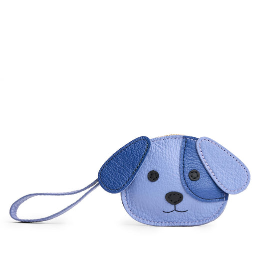Aster | A small dog-shaped leather pouch with embroidered facial details and a wrist strap.