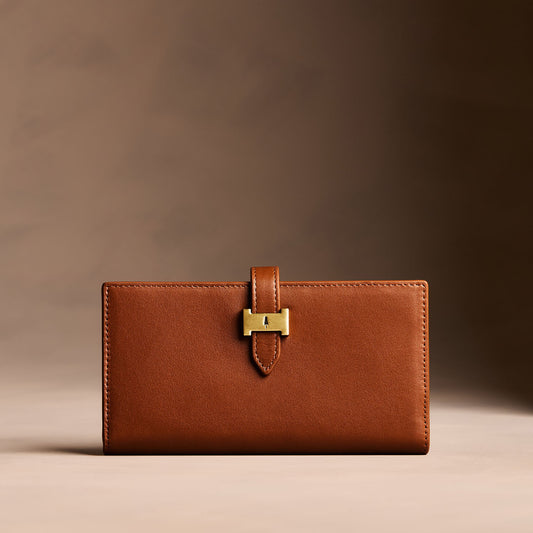 Vintage Tan*Large | Leather bifold wallet with a strap and bar closure