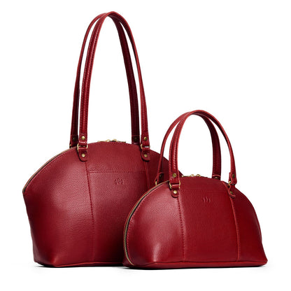 Chili Red | Size comparison of the large and small half circle crossbody bag with handles and removable crossbody strap