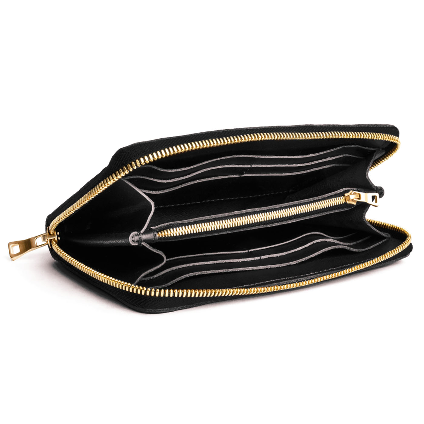 Black | Large accordion leather wallet with zipper open