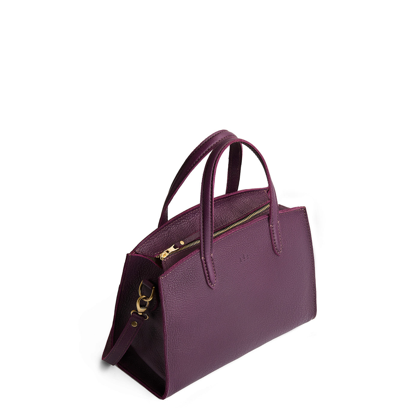 Plum*Medium | Leather tote bag with handles, adjustable crossbody strap, zipper top, and two back pockets