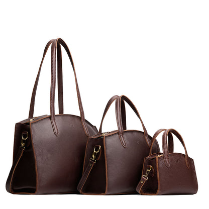 Coldbrew | Size comparison image of Mini, Medium, and Large-sized leather tote bags with handles, adjustable crossbody strap, zipper top, and back pockets