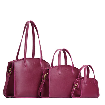 Orchid | Size comparison image of Mini, Medium, and Large-sized leather tote bags with handles, adjustable crossbody strap, zipper top, and back pockets