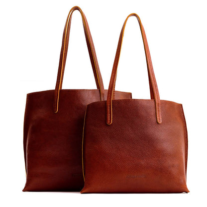 Nutmeg | Side by side comparison of both sizes of leather totes