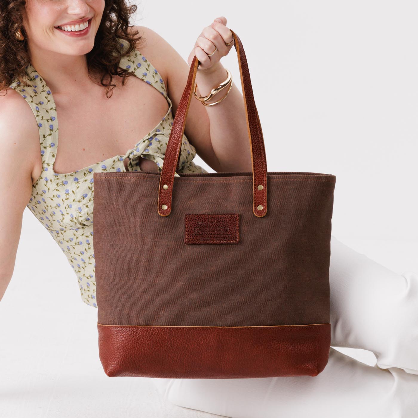 Brown | Canvas tote with leather base and handles