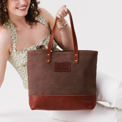 Brown | Canvas tote with leather base and handles