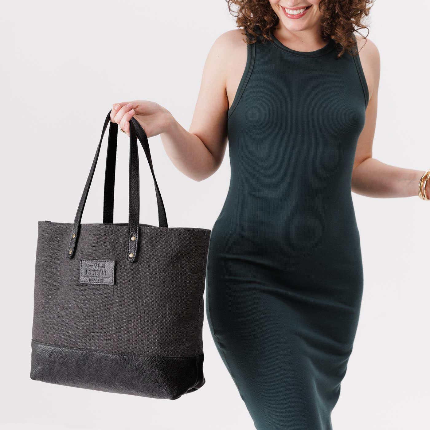 Grey | Canvas tote with leather base and handles