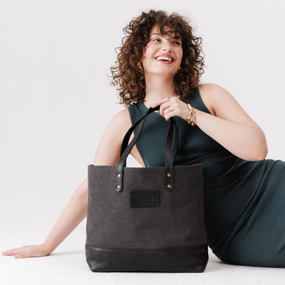 Grey | Canvas tote with leather base and handles
