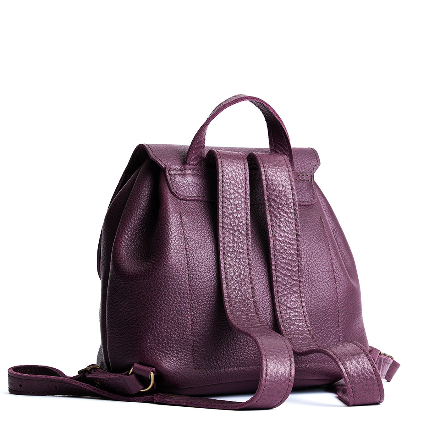 Plum | Back of drawstring bucket backpack with snap closure under flap