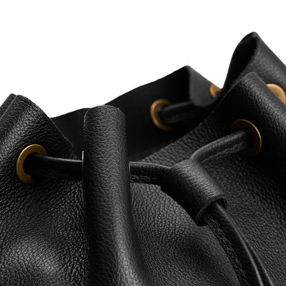 Pebbled--black | Close-up of slouchy crossbody bag with leather drawstring closure