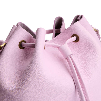 Pinkaboo | Close-up of slouchy crossbody bag with leather drawstring closure