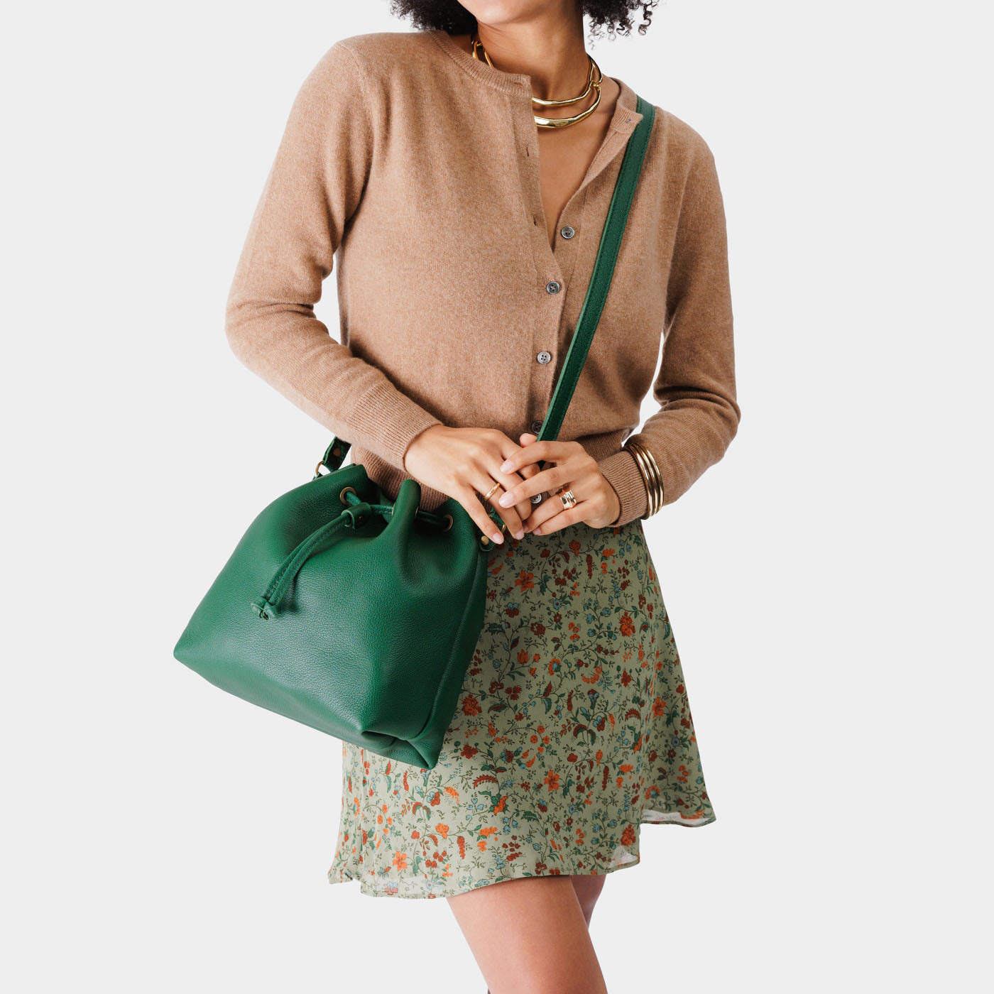 Bacalar*Large | Model wearing slouchy crossbody bag with drawstring closure