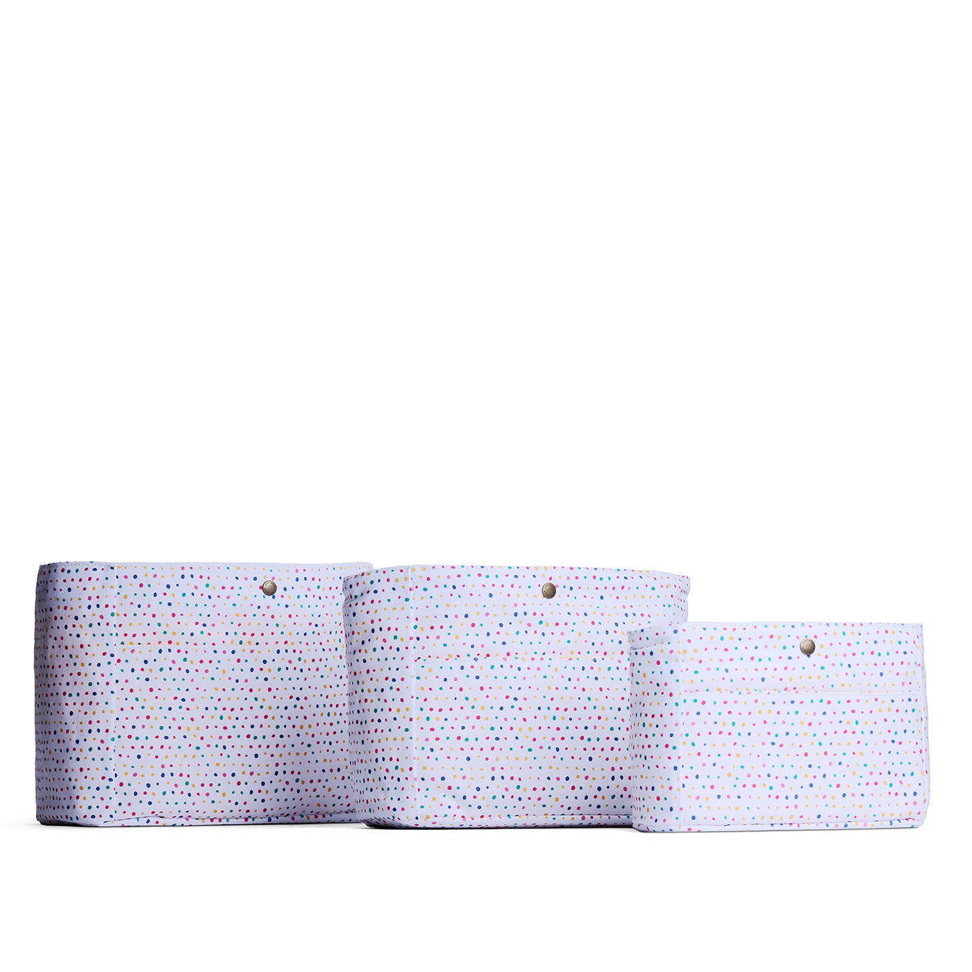 Three size comparison of printed canvas purse organizers