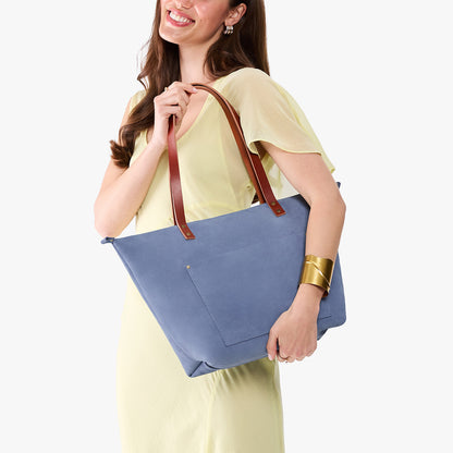 Denim*Zipper | Large leather tote bag with sturdy bridle handles and front pocket
