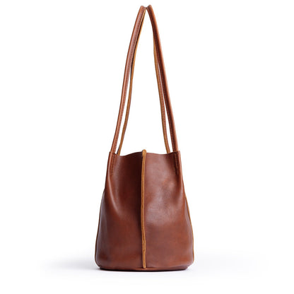 Nutmeg*Small | Petite bucket shaped tote bag with matching leather handles