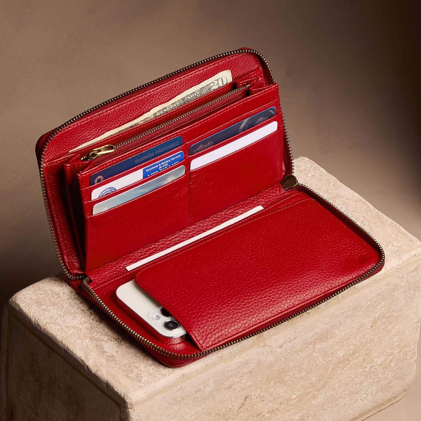 Icon Red | Full zip around wallet open with card and storage pockets