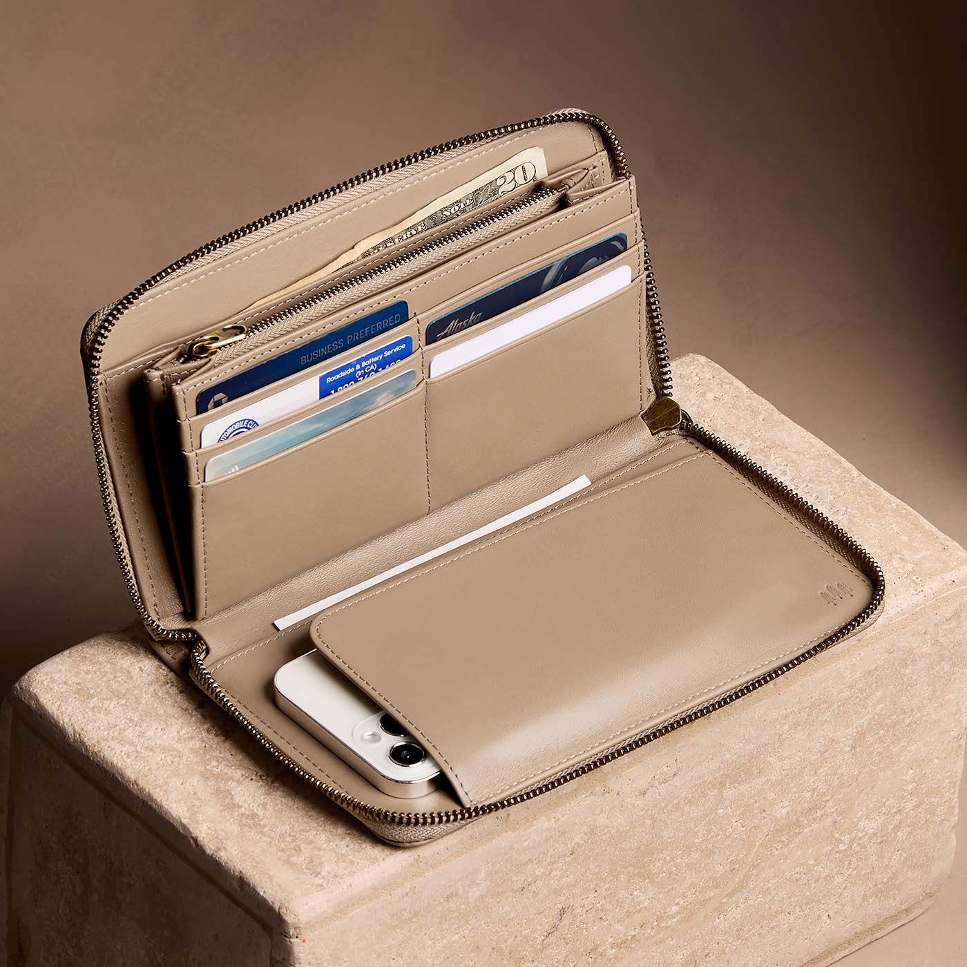 Satine | Full zip around wallet open with card and storage pockets