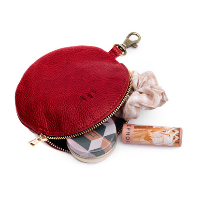 Chili Red | Leather flat round keychain pouch