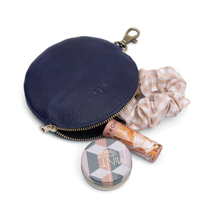 Cobalt | Leather flat round keychain pouch