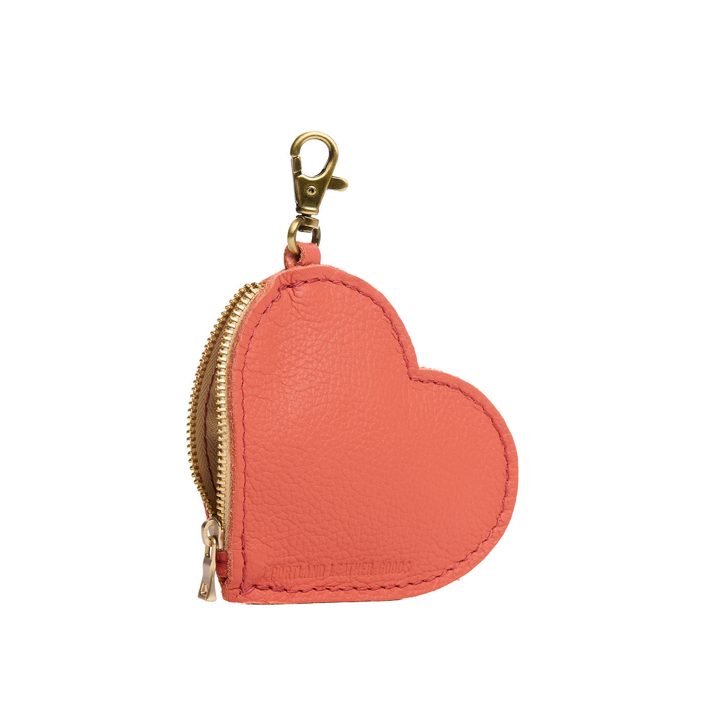 Coral | Heart-shaped leather pouch keychain with zipper top and lobster clasp