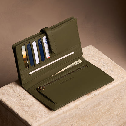 Bay Green*Extra Large | Leather bifold wallet with a strap and bar closure