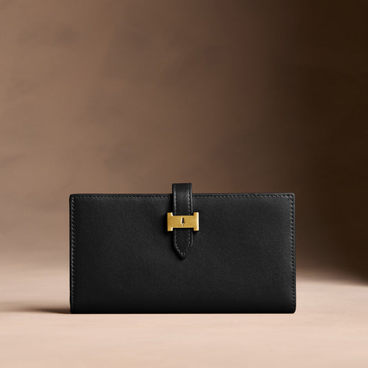 Onyx*Large | Leather bifold wallet with a strap and bar closure