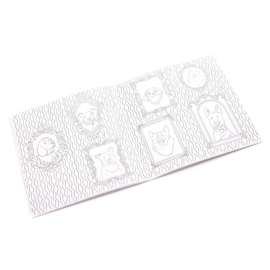 Coloring book pages with dog-themed designs on a white background.