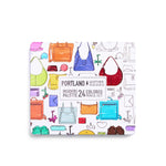 Colorful pencil set packaging with illustrations of handbags and accessories, featuring the brand 'Portland Leather Goods'.