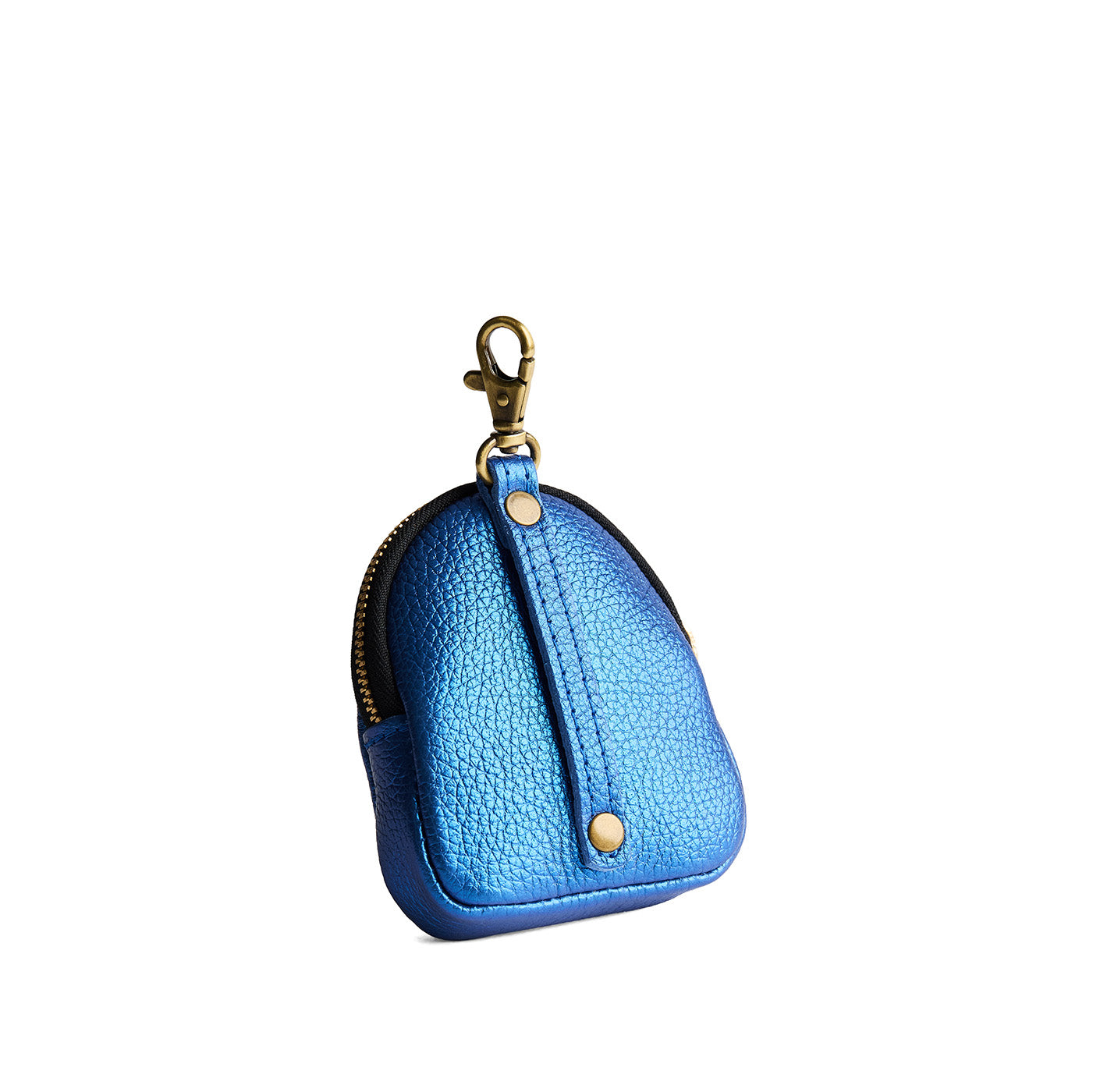 Comet Blue | Leather keychain pouch with zipper top, swivel lobster clasp, and debossed emblem of three PLG trees