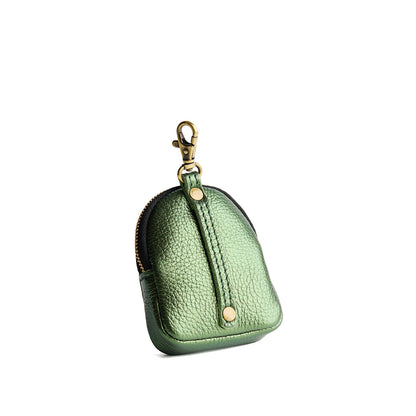 Metallic Greench | Leather keychain pouch with zipper top, swivel lobster clasp, and debossed emblem of three PLG trees