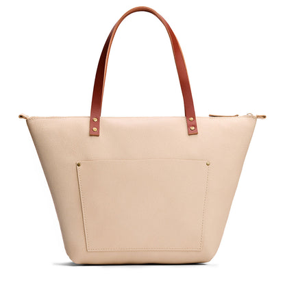 Pebbled Bone*Zipper | Large leather tote bag with sturdy bridle handles and front pocket