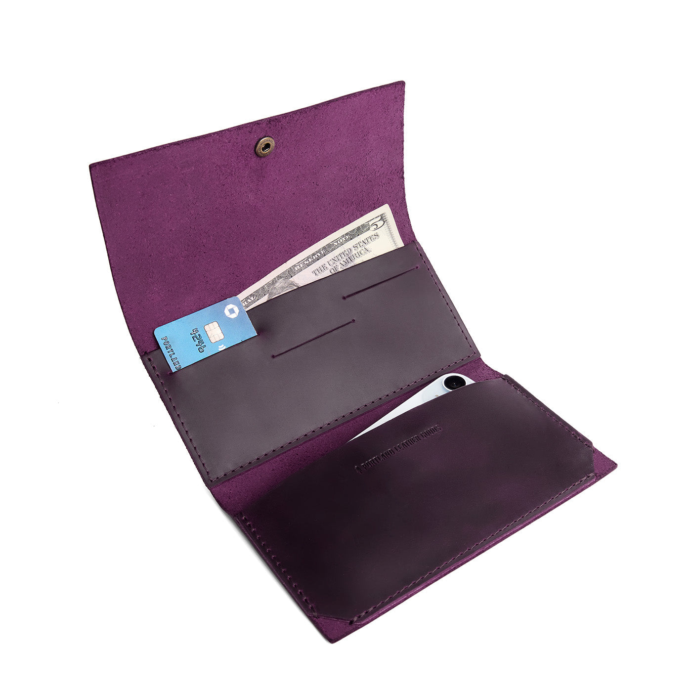 Larkspur | Leather wallet with snap closure open
