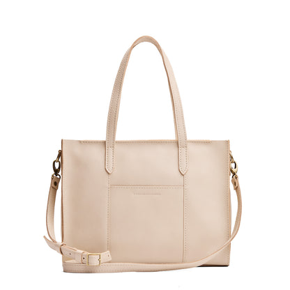 Pebbled Bone*East/West | Structured wide tote bag with overlapping panels and crossbody strap