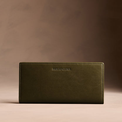 Bay Green*Large | Slim leather bifold wallet with multiple card slots and a zippered back pocket