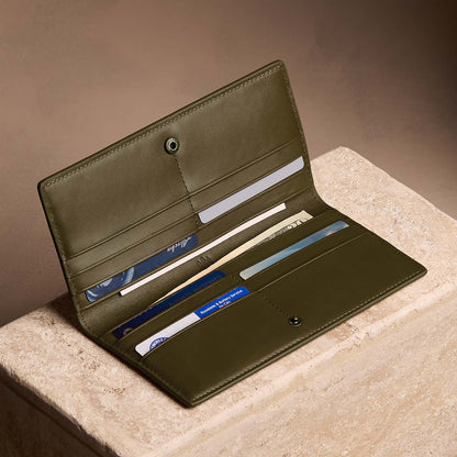 Bay Green*Large | Slim leather bifold wallet with multiple card slots and a zippered back pocket