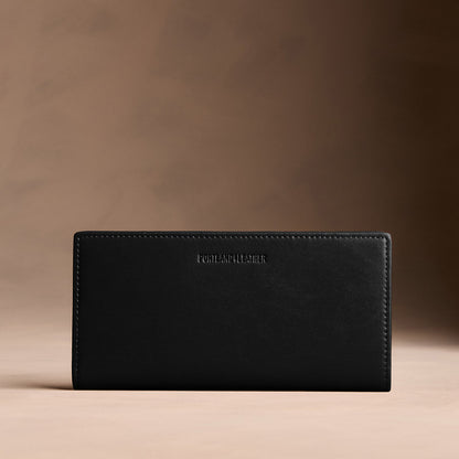 Onyx*Large | Slim leather bifold wallet with multiple card slots and a zippered back pocket