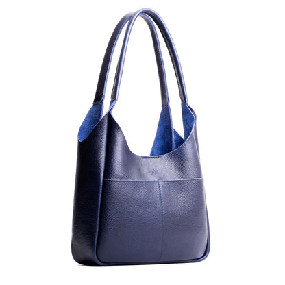 Cobalt*Large | U-shaped, flat-bottomed leather shoulder bag with two outside pockets