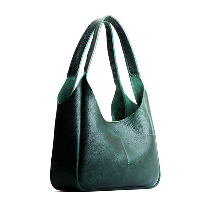 Forest Green*Medium | U-shaped, flat-bottomed leather shoulder bag with two outside pockets