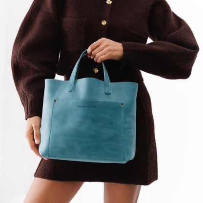 Aqua | Midsize crossbody tote with handles and a pocket