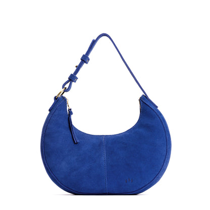 Joni Blue*Small | Crescent shaped shoulder bag with zipper closure and adjustable strap