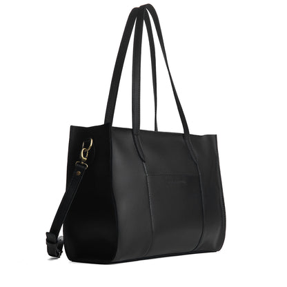 Black*Oversized East/West | Structured wide tote bag with overlapping panels and crossbody strap