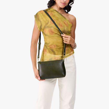 Pebbled Olive*Small | Zip top crossbody bag with detachable strap