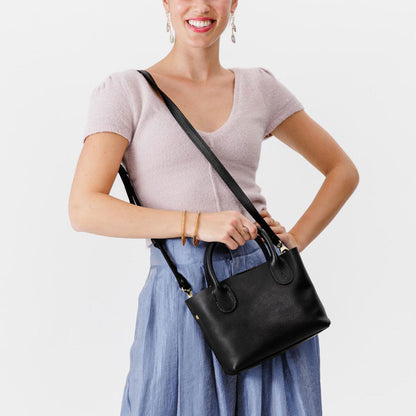 Pebbled--black*Small | Petite tote purse with structured leather handles and crossbody strap