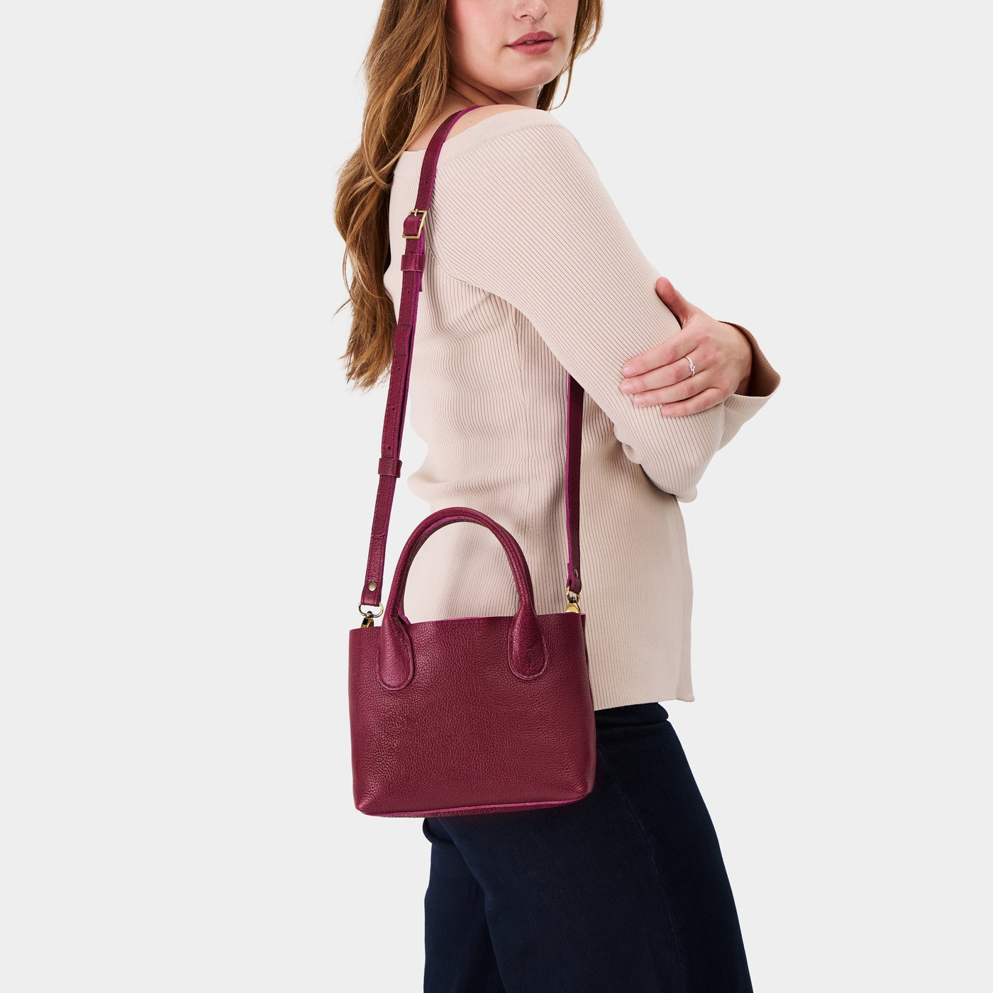 Orchid*Small | Petite tote purse with structured leather handles and crossbody strap