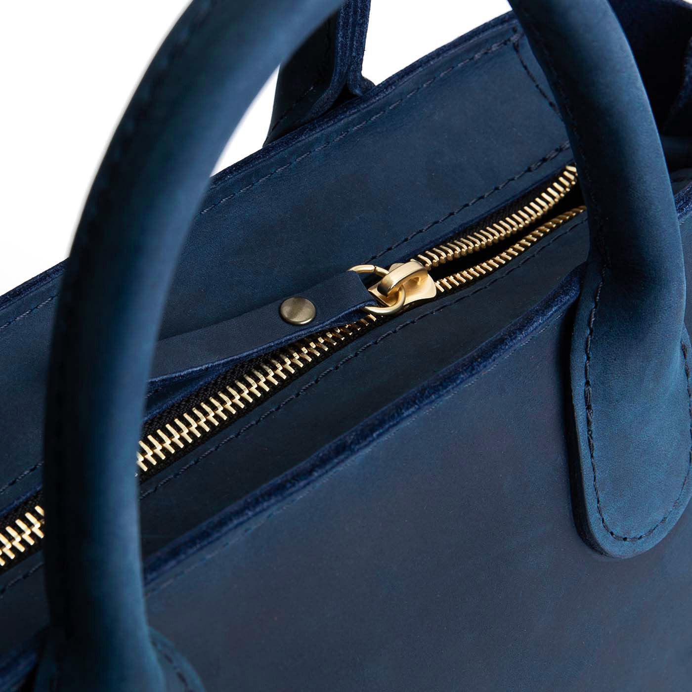 Deep Water*ANY*Zipper | Petite tote purse with structured leather handles and crossbody strap
