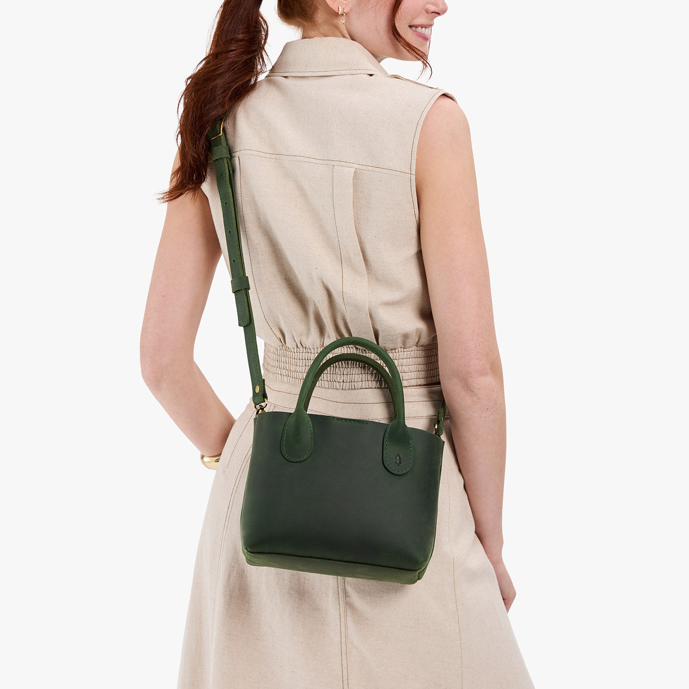 Evergreen*Small | Petite tote purse with structured leather handles and crossbody strap