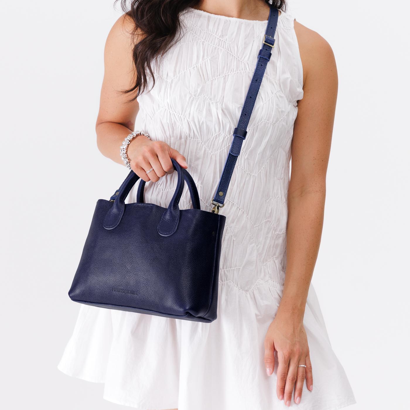 Cobalt*Large | Mid-size tote purse with structured leather handles and crossbody strap