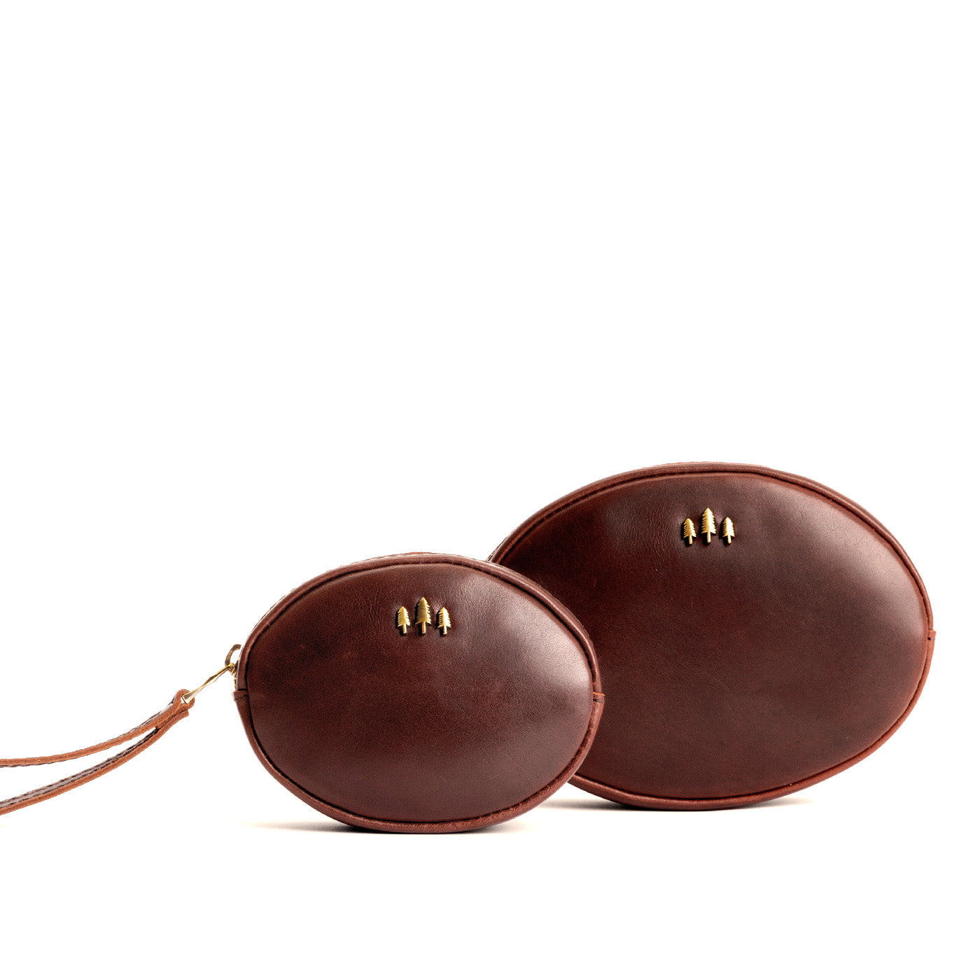Cognac | Small and large oval shaped pouches with zipper and wristlet strap