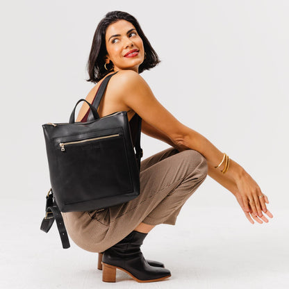 All Color: Black*Classic | Model wearing square slim leather tote backpack