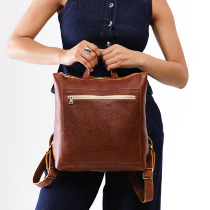 All Color: Nutmeg*Large | Model wearing square slim leather tote backpack